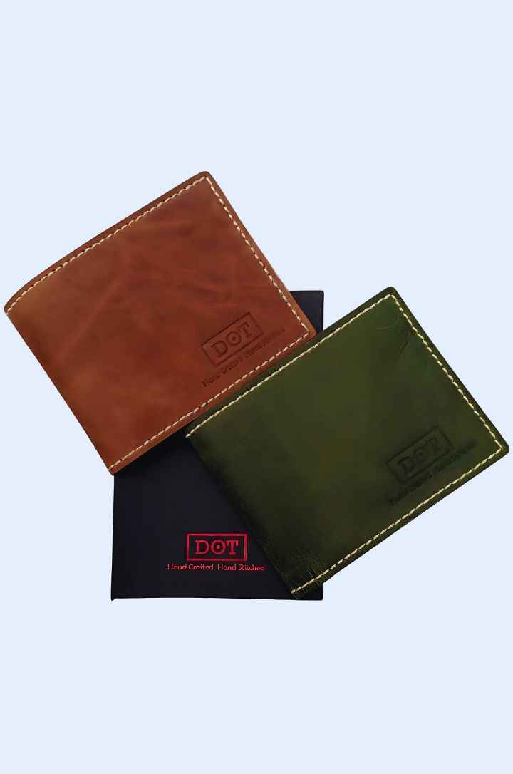 Premium Handcrafted Leather Smart Wallet - Crazy Horse Leather, Brown & Green, Gift Box Packaging