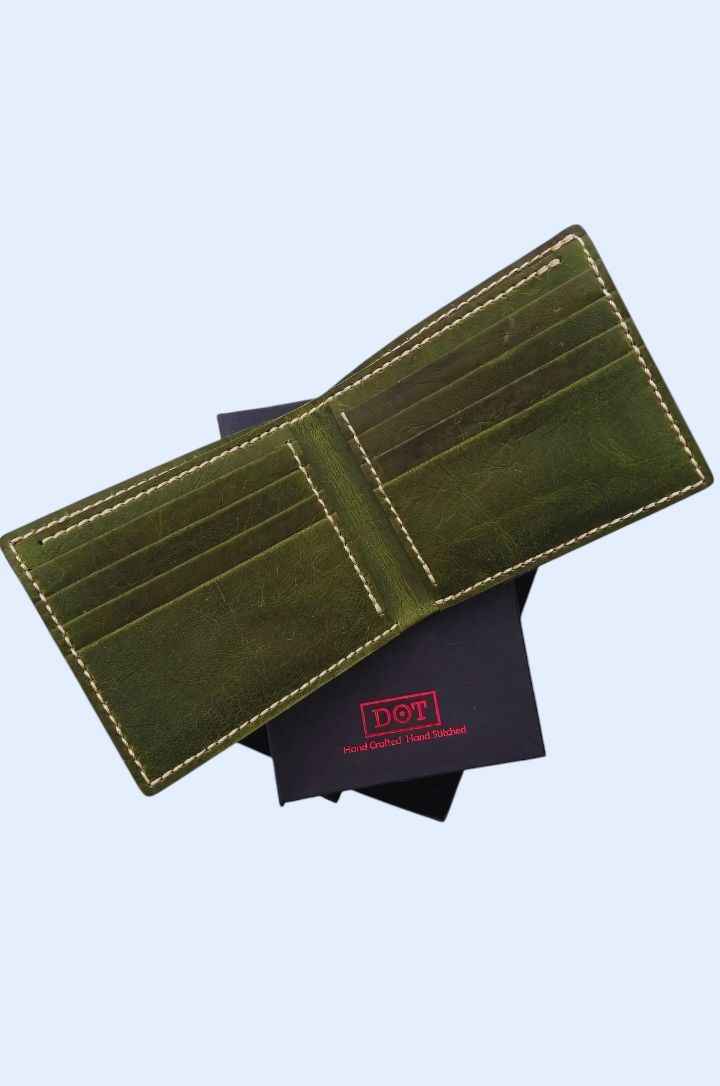Premium Handcrafted Leather Smart Wallet - Crazy Horse Leather, Brown & Green, Gift Box Packaging