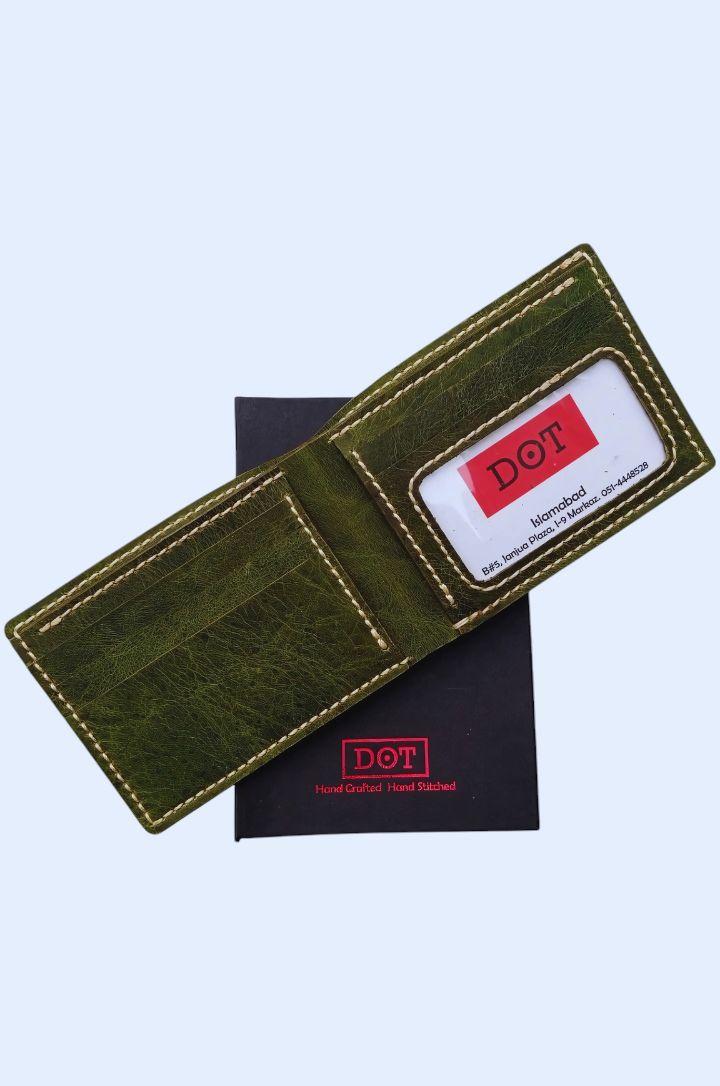 Handcrafted Leather Bifold Wallet ID Edition - Brown & Green, Gift Box Included