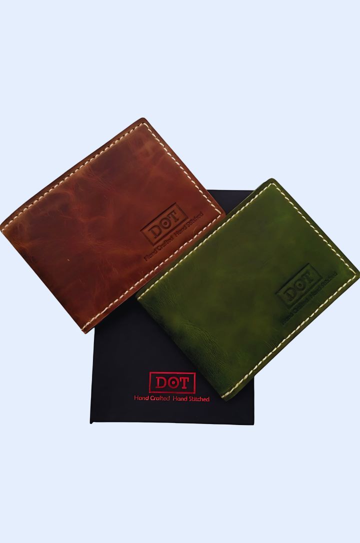 Handcrafted Leather Bifold Wallet ID Edition - Brown & Green, Gift Box Included